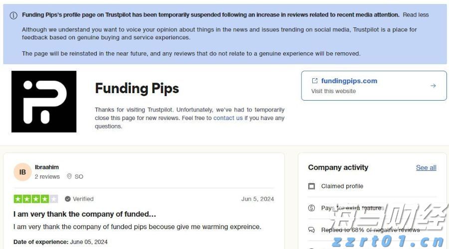 自营交易公司Funding Pips的Trustpilot主页被暂停